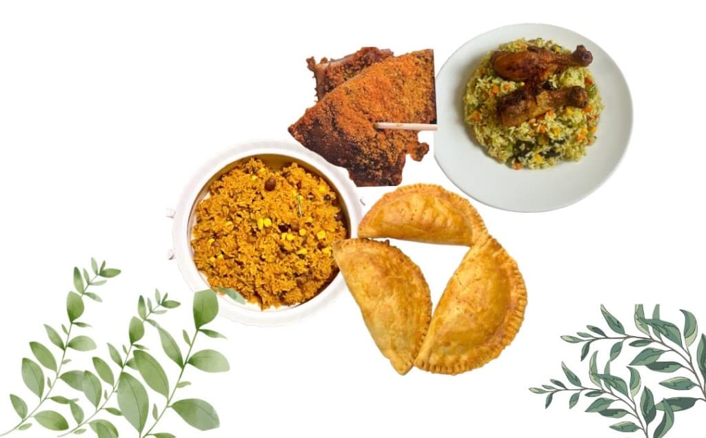 Jollof rice, fried rice with chicken, suya and meat pies arranged with leafy accents