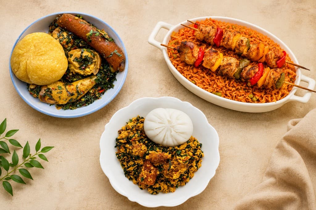 Eba with vegetable soup, jollof rice with grilled skewers, and pounded yam with egusi soup