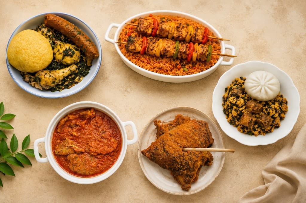 A spread of African meals including swallows, jollof rice, stew, egusi and grilled meat