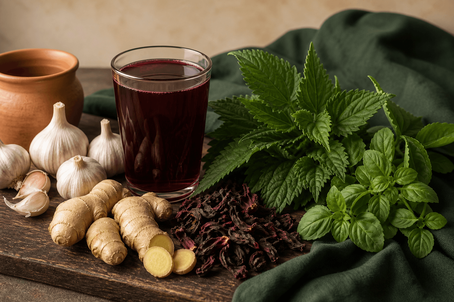Garlic, ginger, zobo drink, hibiscus, bitter leaf and scent leaf arranged on a wooden board
